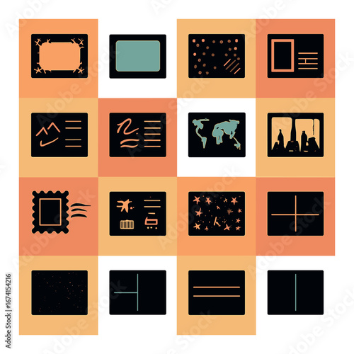 Silhouette travel icon set featuring ticket, map, airplane, postcard, souvenir, and passport symbols
