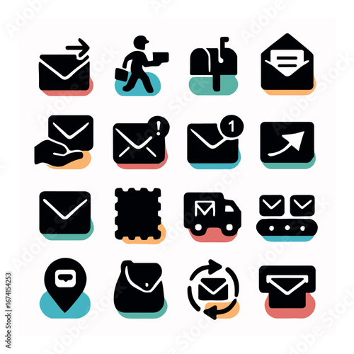 Silhouette mail icon set featuring send, delivery, mailbox, envelope, notification, and package symbols
