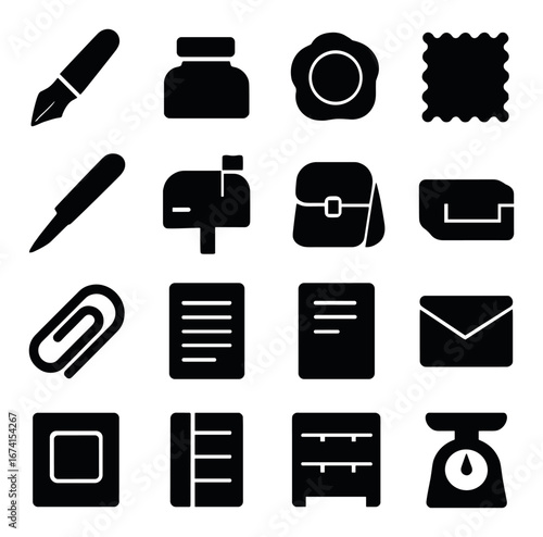 Silhouette writing and mailing icons set featuring fountain pen, ink, stamp, mailbox, and envelope