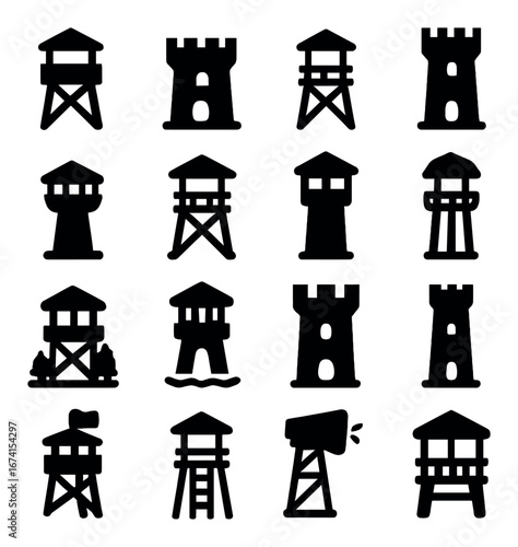 Silhouette military icon set featuring watchtowers, towers, observation posts, guard towers, defense structures