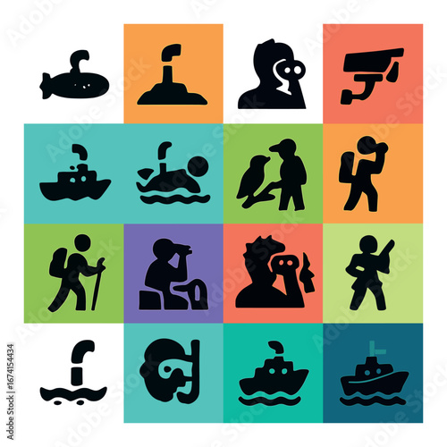Silhouette exploration icon set featuring submarine, periscope, diver, snorkeler, hiking, and more symbols