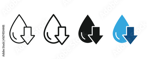 Water drop with down arrow icon. Water droplets with a downward pointing arrow. Vector illustration