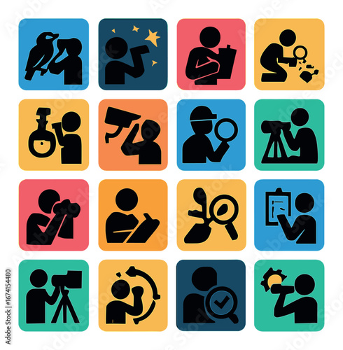 Silhouette science icon set featuring discovery, experiment, research, investigation, analysis, and observation