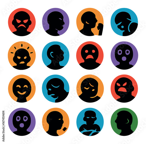 Silhouette emotion icon set featuring anger, happiness, sadness, confusion, and surprise moods