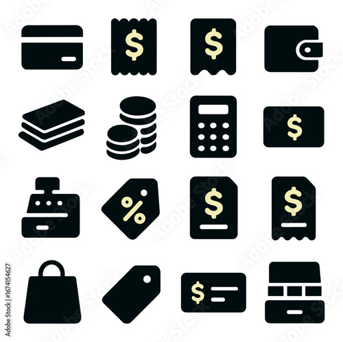Silhouette finance icon set featuring credit card, cash, coins, calculator, wallet, and bag symbols