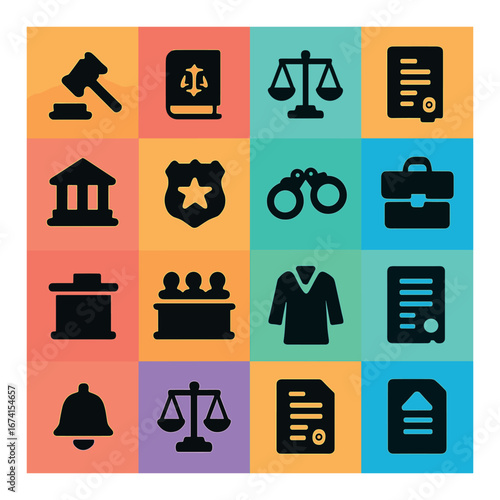 Flat legal icon set featuring gavel, law book, scales, contract, courthouse, badge, handcuffs, and briefcase