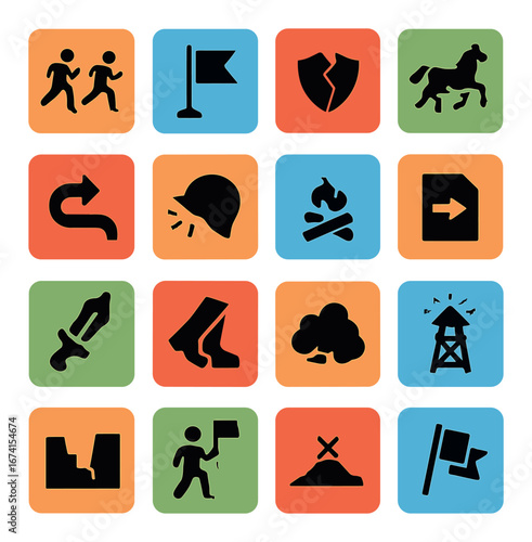 Silhouette adventure icon set featuring hiking, flag, shield, horse, helmet, and campfire symbols