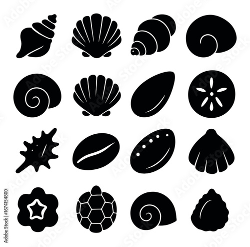 Silhouette beach icon set featuring shells, starfish, sand dollar, and sea turtle symbols