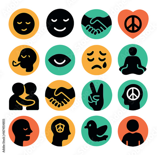 Silhouette mindfulness icon set featuring peace, meditation, handshake, empathy, and harmony symbols