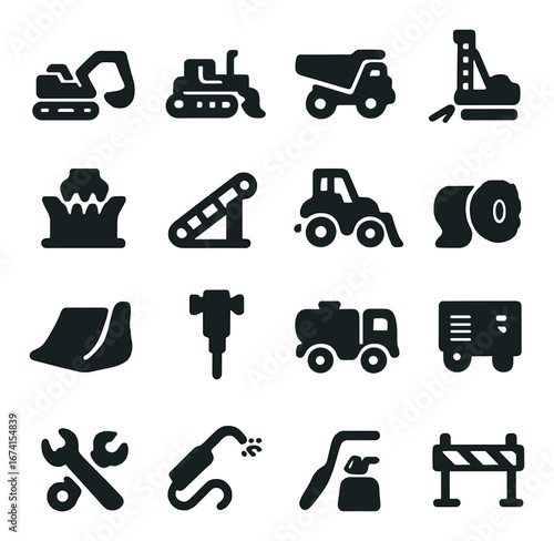 Silhouette construction icon set featuring excavator, bulldozer, dump truck, roller, crane, tractor, drill
