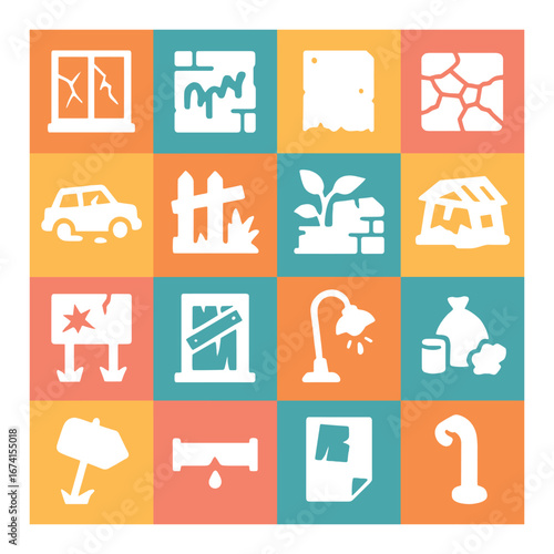 Flat disaster icon set featuring earthquake, flood, fire, landslide, and tornado symbols