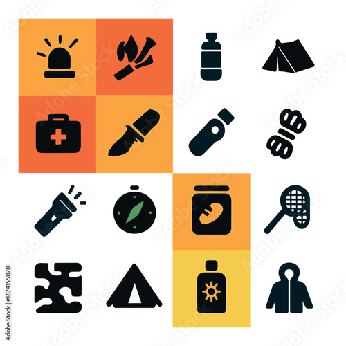 Silhouette camping icon set featuring tent, campfire, compass, first aid, flashlight, and backpack symbols