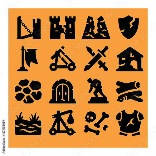 Silhouette medieval icon set featuring castle, catapult, knight, fortress, and shield symbols