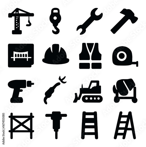 Silhouette construction icon set featuring crane, hook, wrench, helmet, drill, and ladder tools