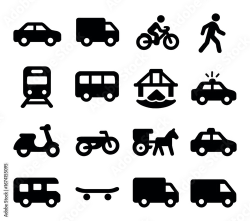 Silhouette transportation icon set featuring car, truck, bike, pedestrian, bus, train, scooter, taxi, carriage, skate