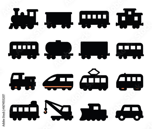 Silhouette transportation icon set featuring train, tram, subway, and car symbols