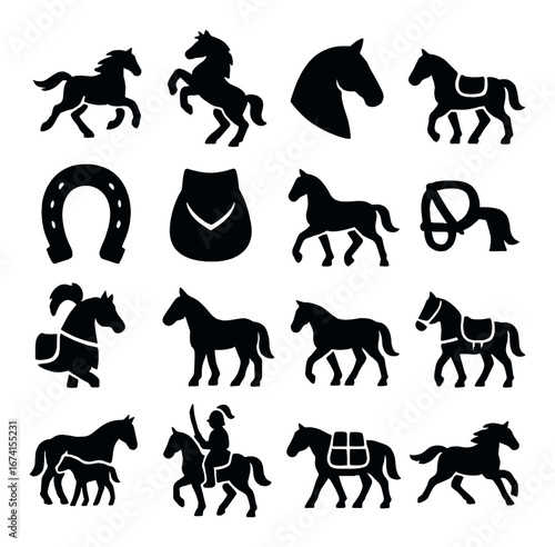 Silhouette horse icon set featuring galloping, rearing, head, saddle, reins, shoe, rider