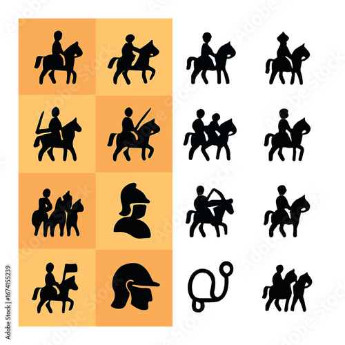 Silhouette medieval icon set featuring knight, horse, lance, helmet, rider, and jousting symbols