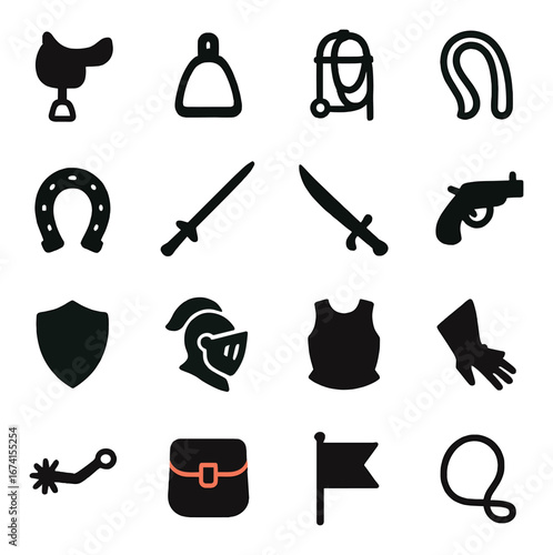 Silhouette medieval icon set featuring sword, shield, helmet, armor, horse, horseshoe, pistol, flag