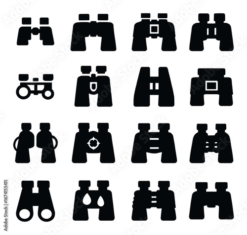 Silhouette explorer icon set featuring binoculars, magnifying glasses, telescopes, and compasses symbols