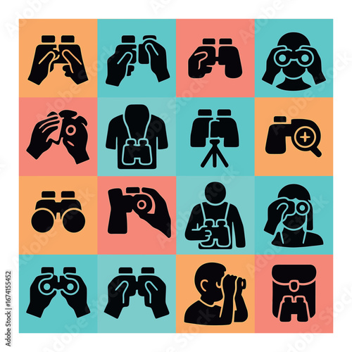 Silhouette outdoor activity icon set featuring binoculars, hiker, bird watching, exploration symbols