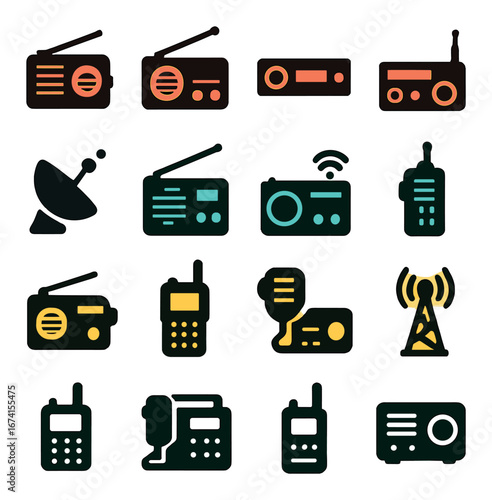 Silhouette radio icon set featuring satellite, transmitter, receiver, broadcasting, and walkie-talkie symbols