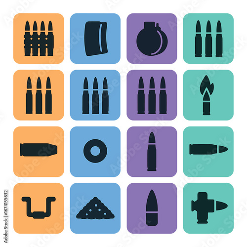 Silhouette weapon icon set featuring bullets, magazine, grenade, shell, cartridge, and artillery symbols