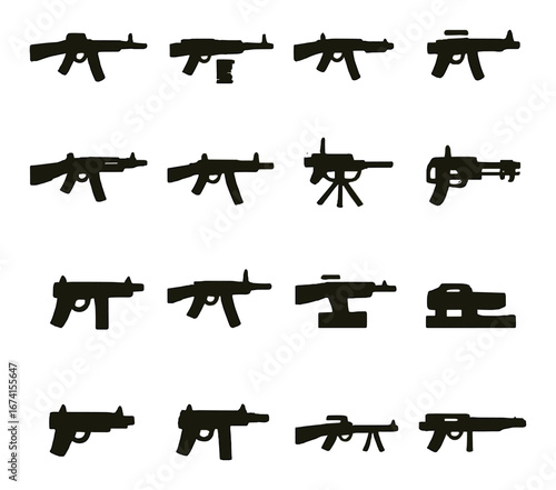Silhouette weapons icon set featuring rifle, pistol, shotgun, revolver, submachine gun, sniper rifle, bazooka