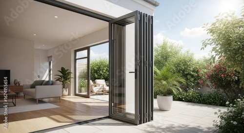 Living room and garden view with folding glass doors open to patio