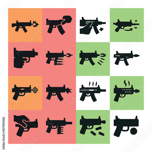 Silhouette weapon icon set featuring machine gun, pistol, and other firearm symbols