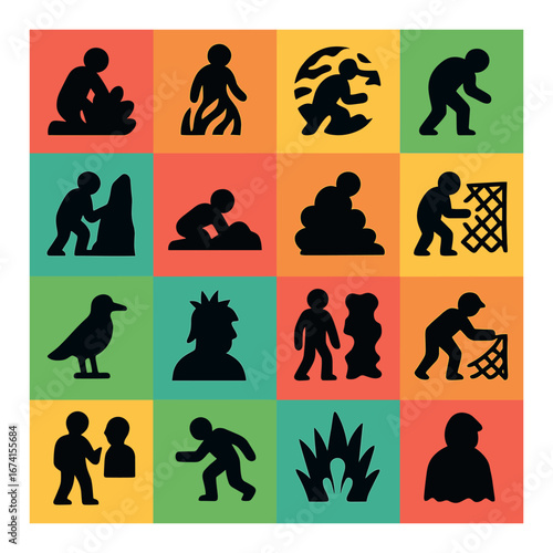 Silhouette nature survival icons set with camping, hiking, fire, bird, and plant symbols