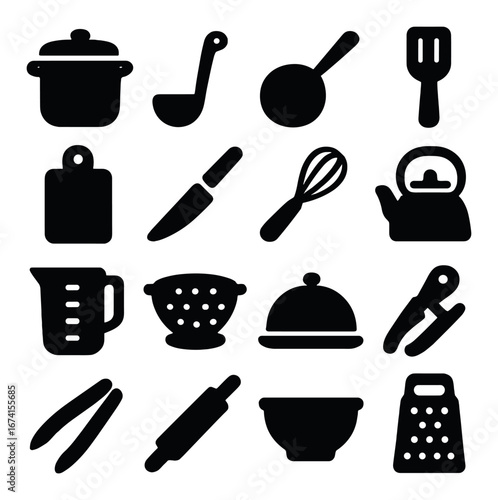 Silhouette kitchen icon set featuring pot, ladle, pan, spatula, kettle, knife, whisk, and grater tools