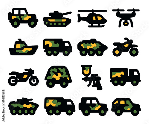 Silhouette military icon set featuring tank, helicopter, drone, and vehicle symbols