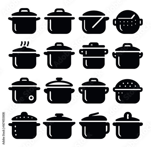 Silhouette kitchen icon set featuring pot, pan, colander, lid, pressure cooker, and steamer symbols