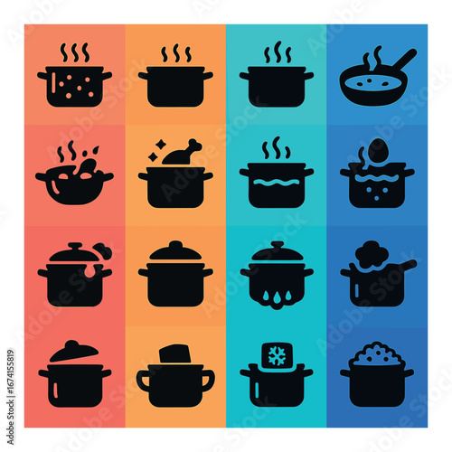 Flat cooking icon set featuring pot, pan, boiling, steaming, simmering, and frying symbols