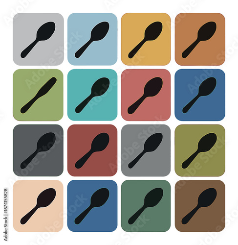 Silhouette kitchen icons set featuring spoon, fork, knife, bowl, plate, glass, cutting board, and whisk