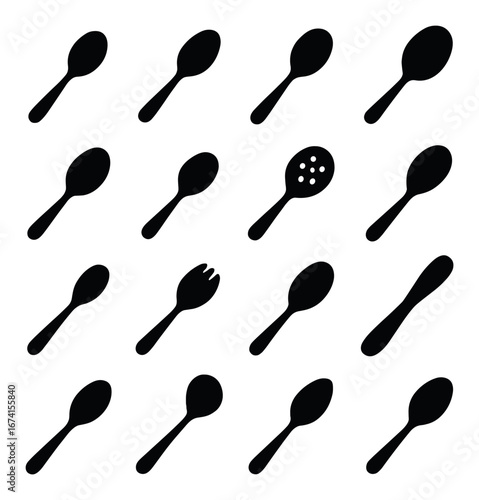Silhouette kitchen utensils icon set featuring spoon, fork, ladle, spatula, and colander