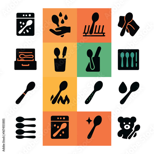 Silhouette kitchen icon set featuring spoon, dishwasher, cleaning, utensil holder, drying rack, and teddy bear