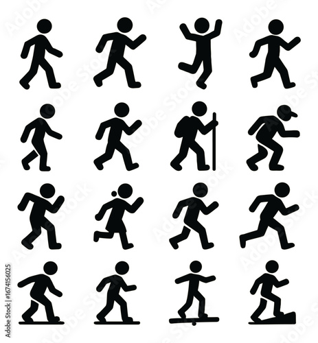Silhouette activity icon set featuring walking, running, hiking, and skating symbols