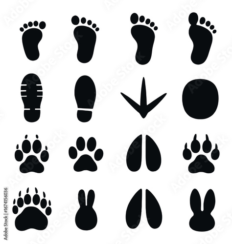 Silhouette animal tracks icon set featuring paw, hoof, bird, and rabbit footprints