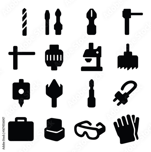 Silhouette construction tool icon set featuring drill, screwdriver, helmet, gloves, saw, and wrench symbols