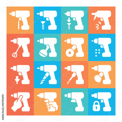 Flat construction tools icon set featuring drill, screwdriver, wrench, saw, hammer, pliers, and spanner symbols