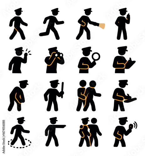 Silhouette police icon set featuring patrol, arrest, investigation, direction, and communication symbols