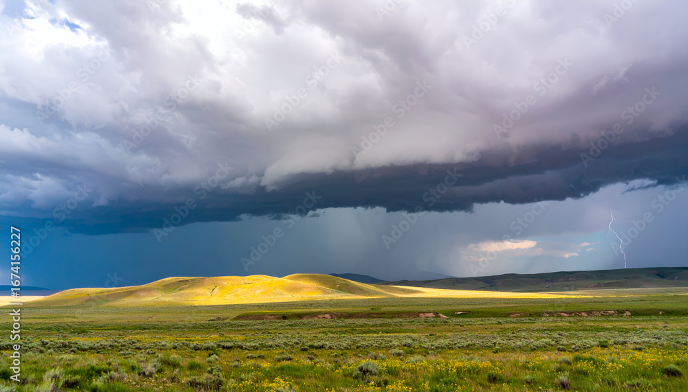 Obraz premium Dramatic storm clouds gather over a vibrant green prairie landscape, casting shadows.