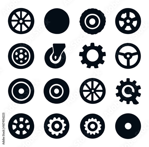 Silhouette transportation icon set featuring wheels, gears, tires, cogs, and steering wheel symbols
