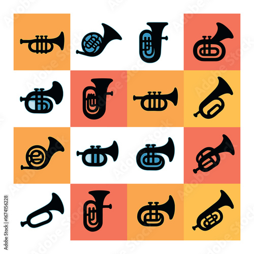 Silhouette music icons set featuring trumpet, french horn, tuba, and bugle designs
