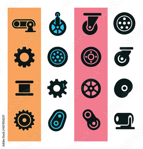 Flat industrial icon set featuring conveyor belt, gear, wheel, pulley, roller, and chain symbols
