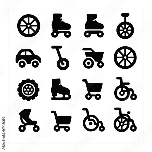 Silhouette transportation icon set featuring wheel, roller skates, unicycle, stroller, cart, and wheelchair