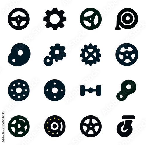Silhouette automotive icon set featuring steering wheel, gear, brake, transmission, and axle symbols