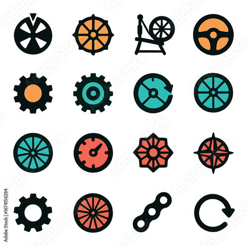 Silhouette mechanical icon set featuring wheel, gear, spinner, steering, piston, and compass symbols